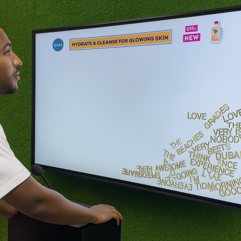 Arab woman using Sayit AI at a Dubai corporate event, speaking into a mic as 3D branded text appears on a large screen, showcasing interactive event technology rental